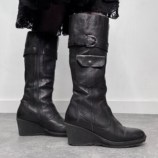 Black leather buckle knee high boots