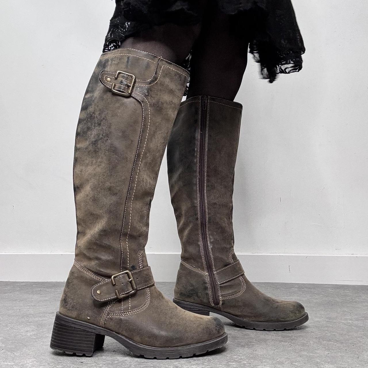 Distressed khaki leather knee high boots