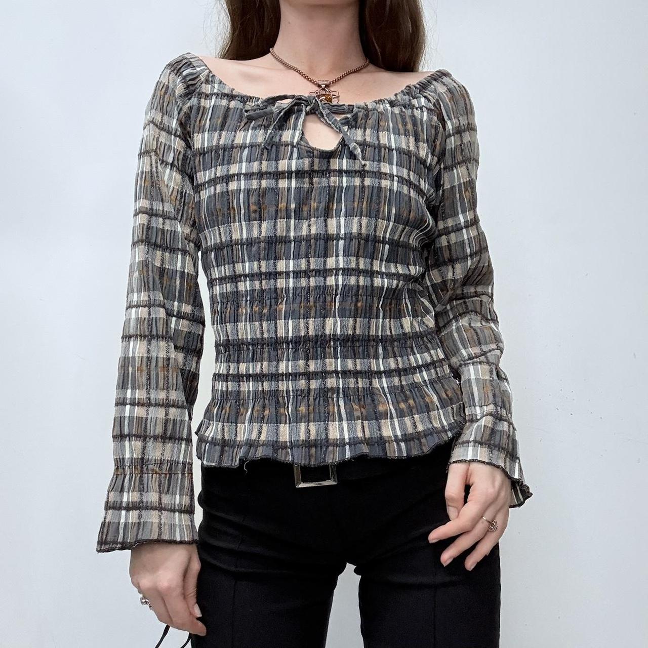 Gingham checked crinkle off the shoulder shirt