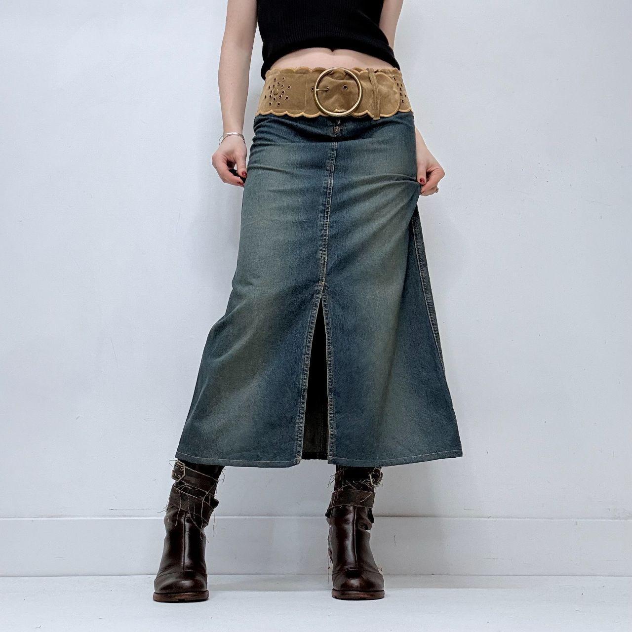 Chunky belted denim slit maxi skirt