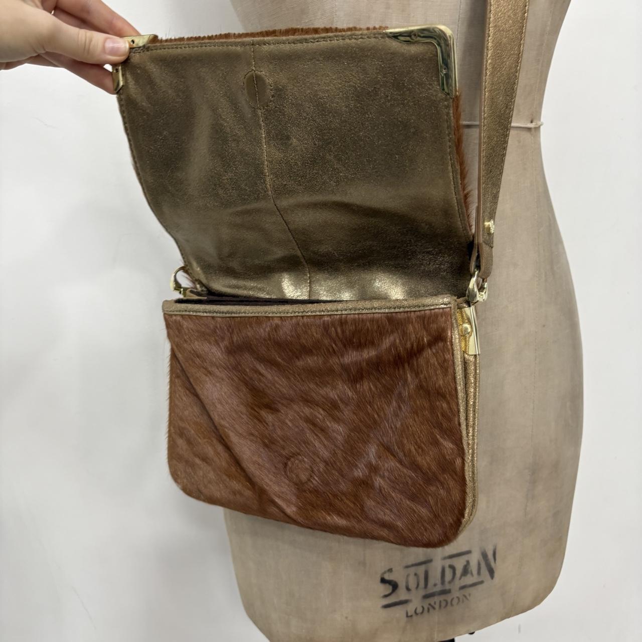 Tan pony hair cow hide cross body bag