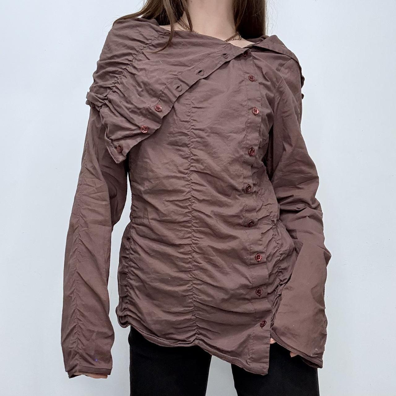 Brown asymmetric gathered cotton shirt