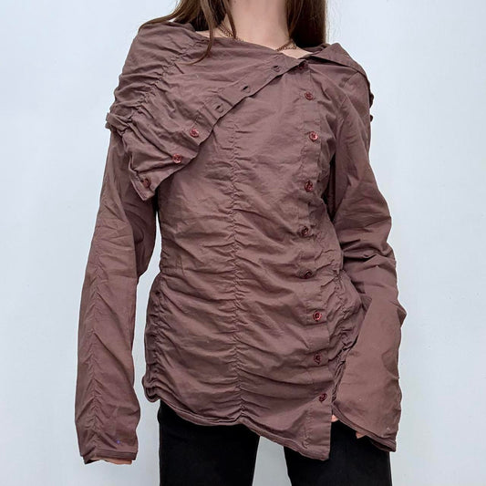 Brown asymmetric gathered cotton shirt
