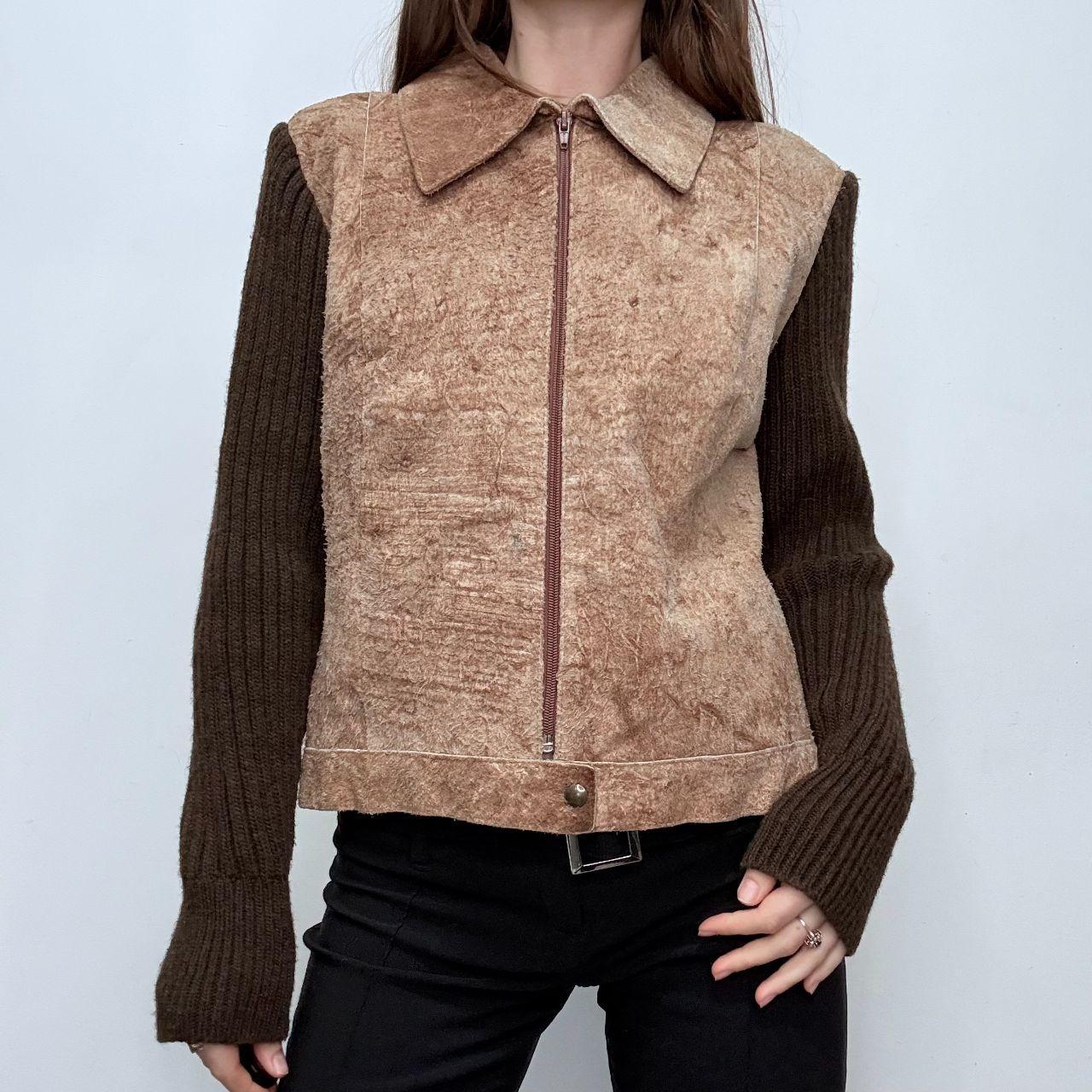 Brown suede hide ribbed knit jacket