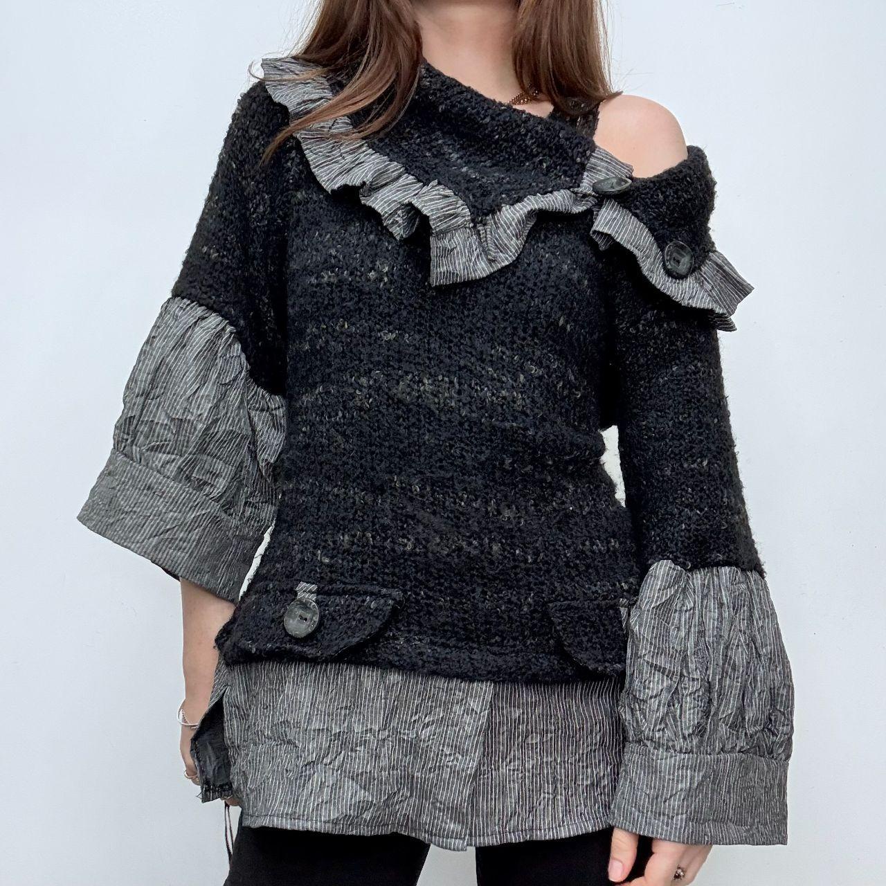 Black pinstripe flared puff slouchy shirt