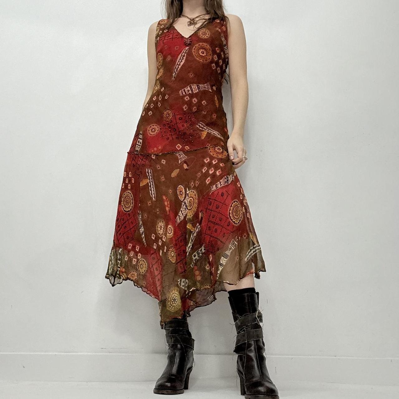 Sheer red boho bias cut maxi dress