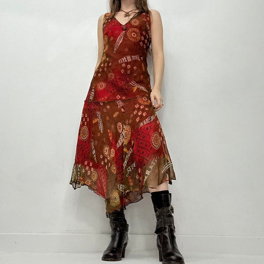 Sheer red boho bias cut maxi dress