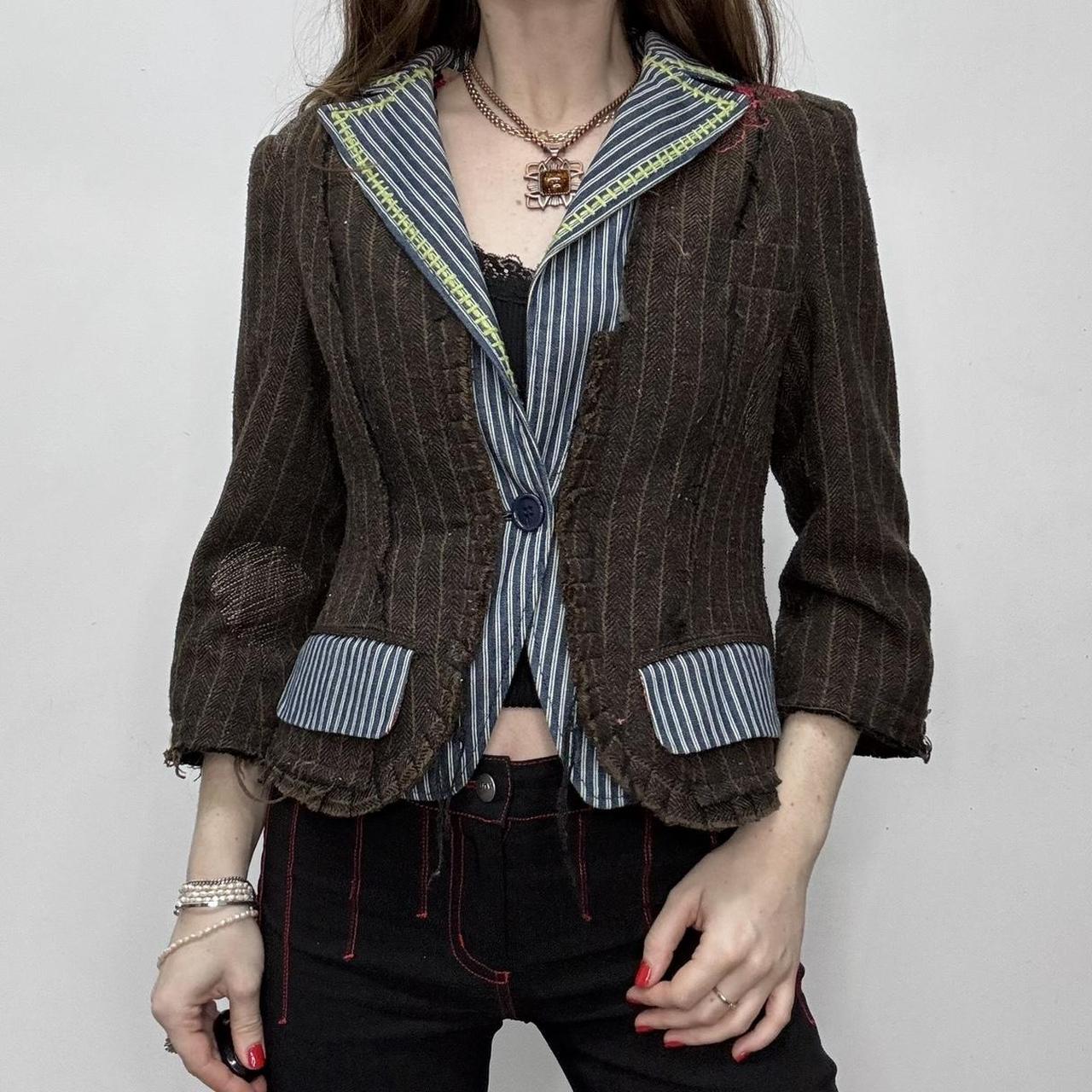 Brown pinstripe distressed layered jacket