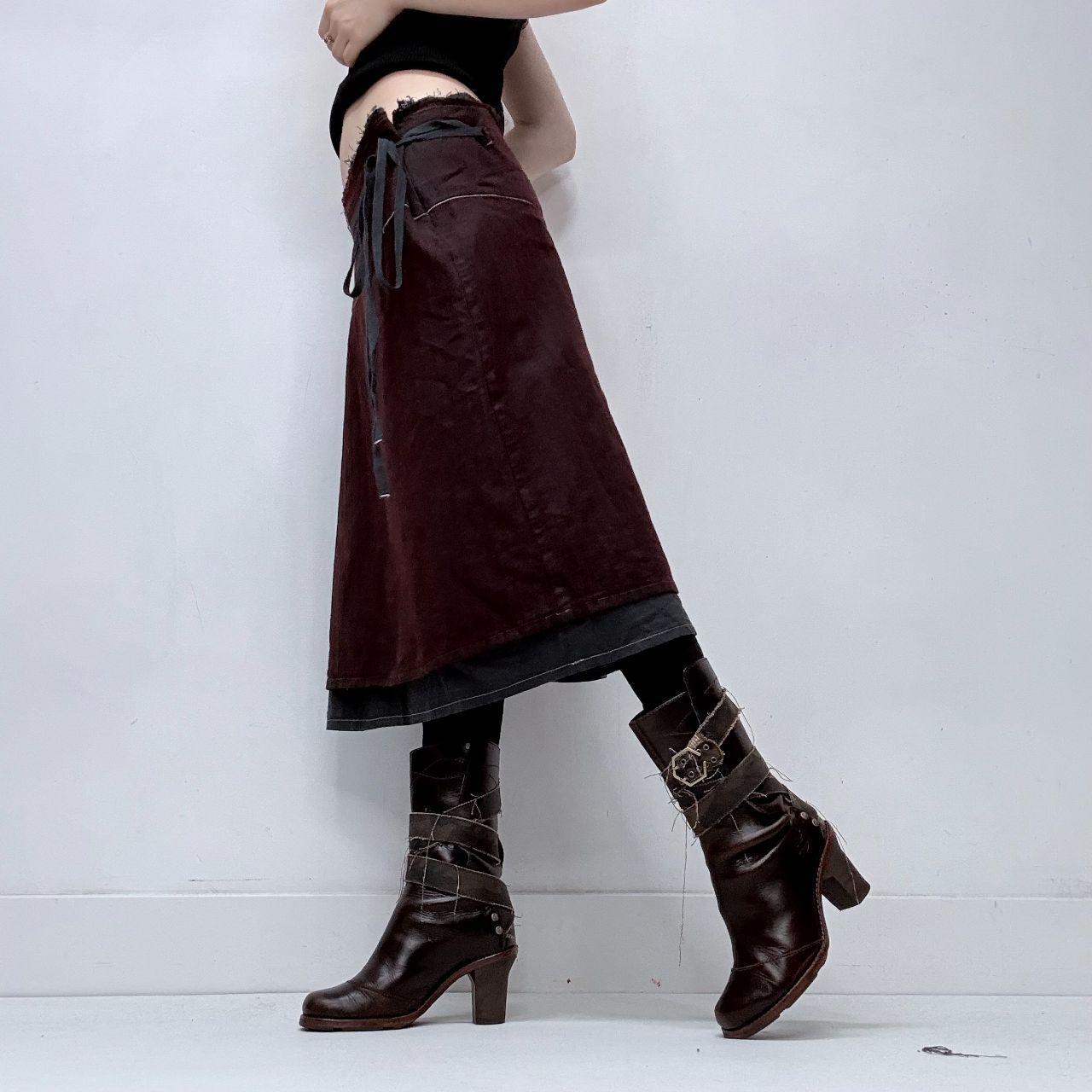 Burgandy wrap-over layered midi skirt