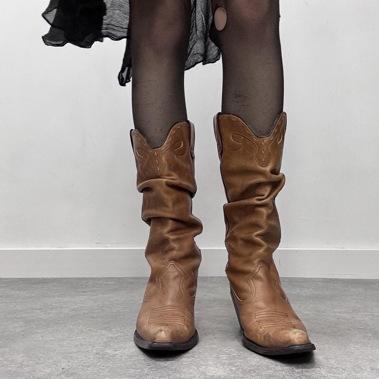 Tan leather slouchy cowboy boots