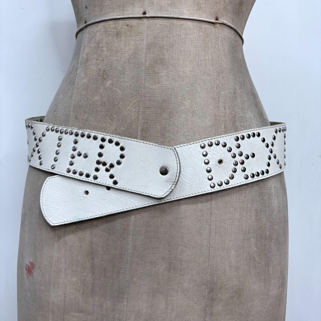 White leather studded spellout belt