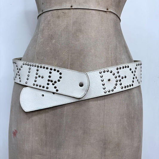 White leather studded spellout belt