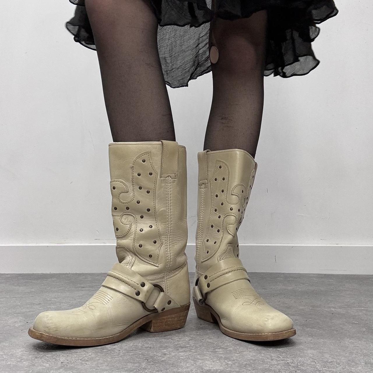 Cream leather chunky cowboy boots