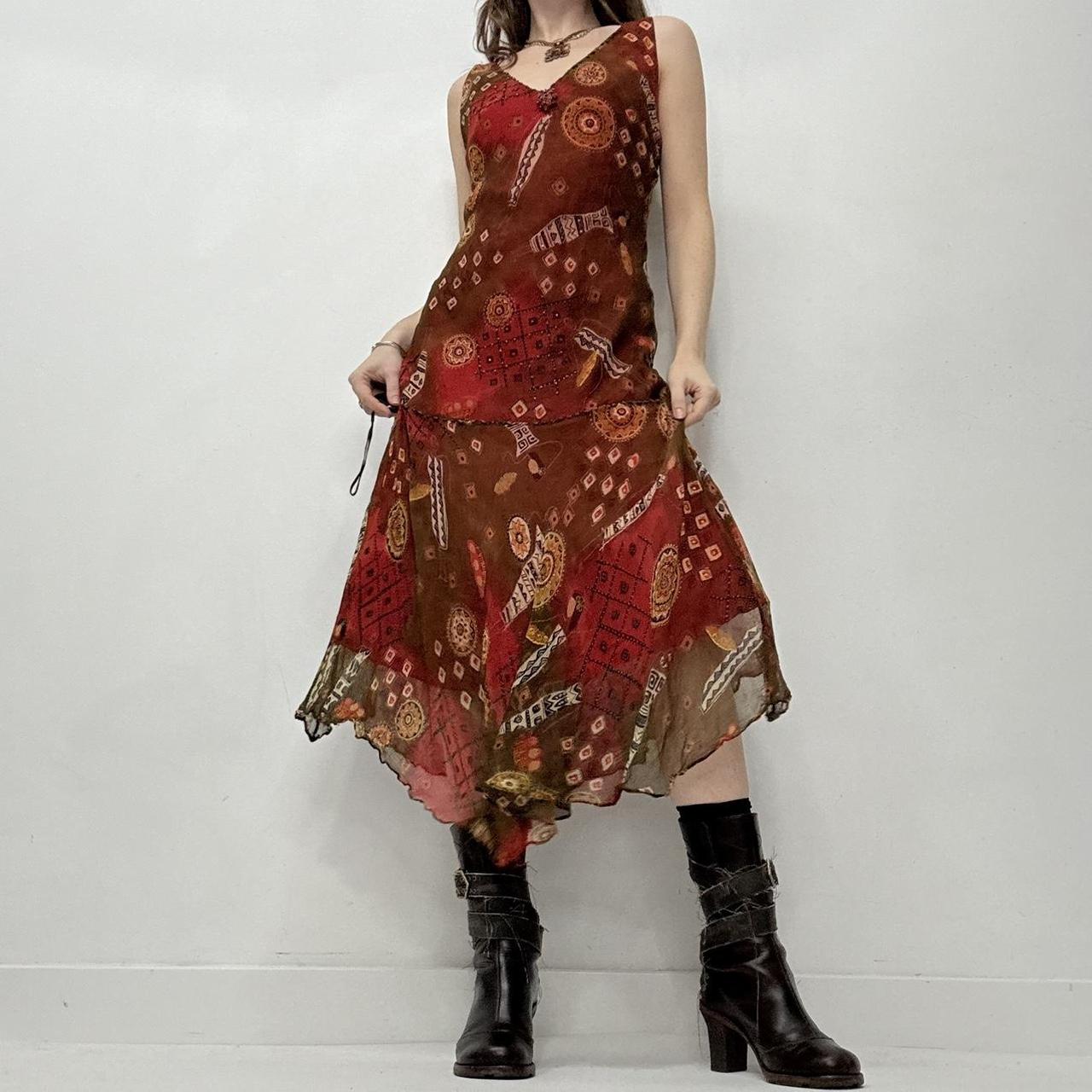 Sheer red boho bias cut maxi dress