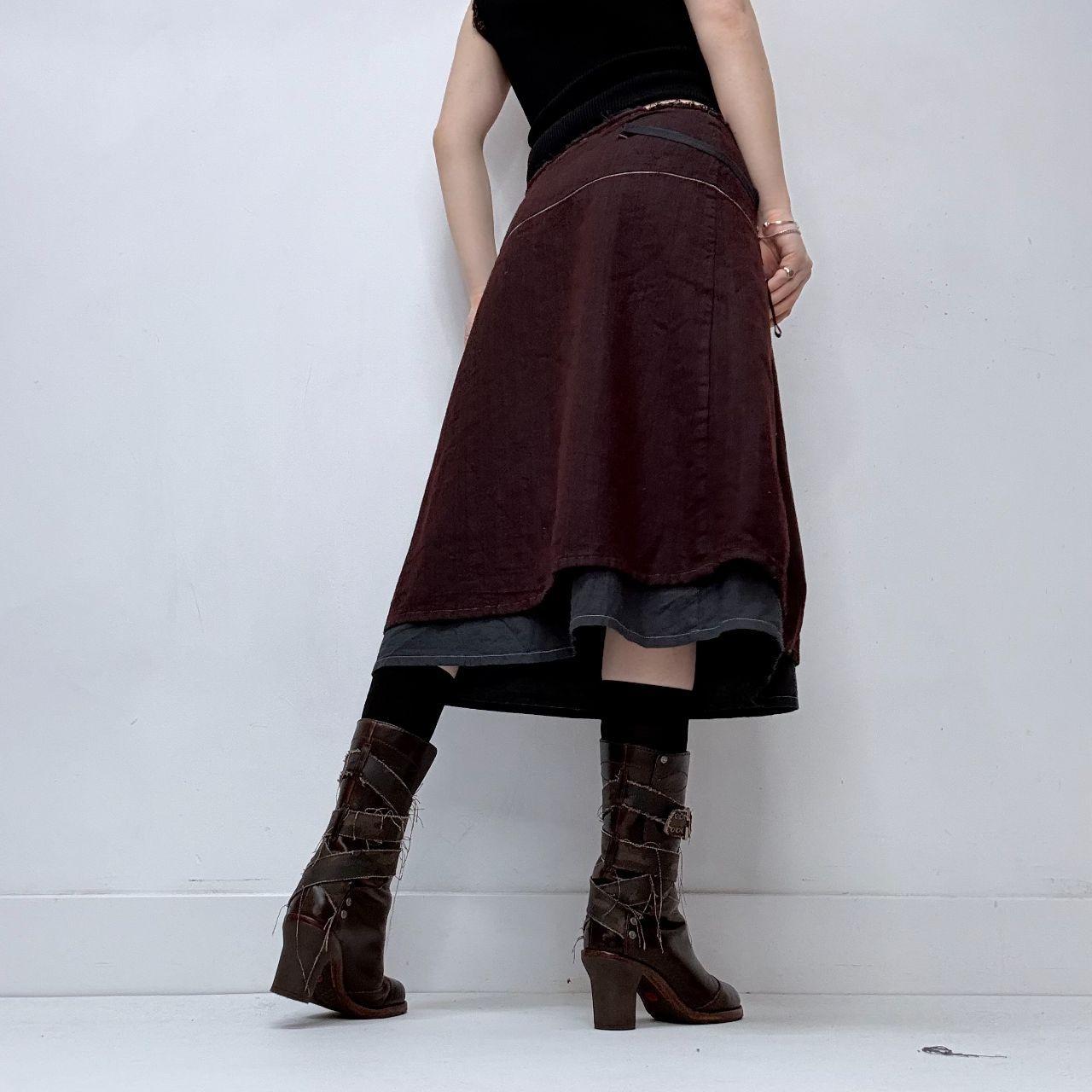 Burgandy wrap-over layered midi skirt