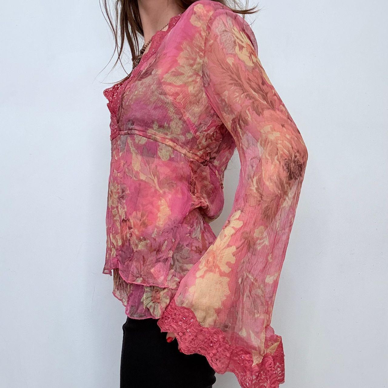 Pink silk floral lace flared shirt