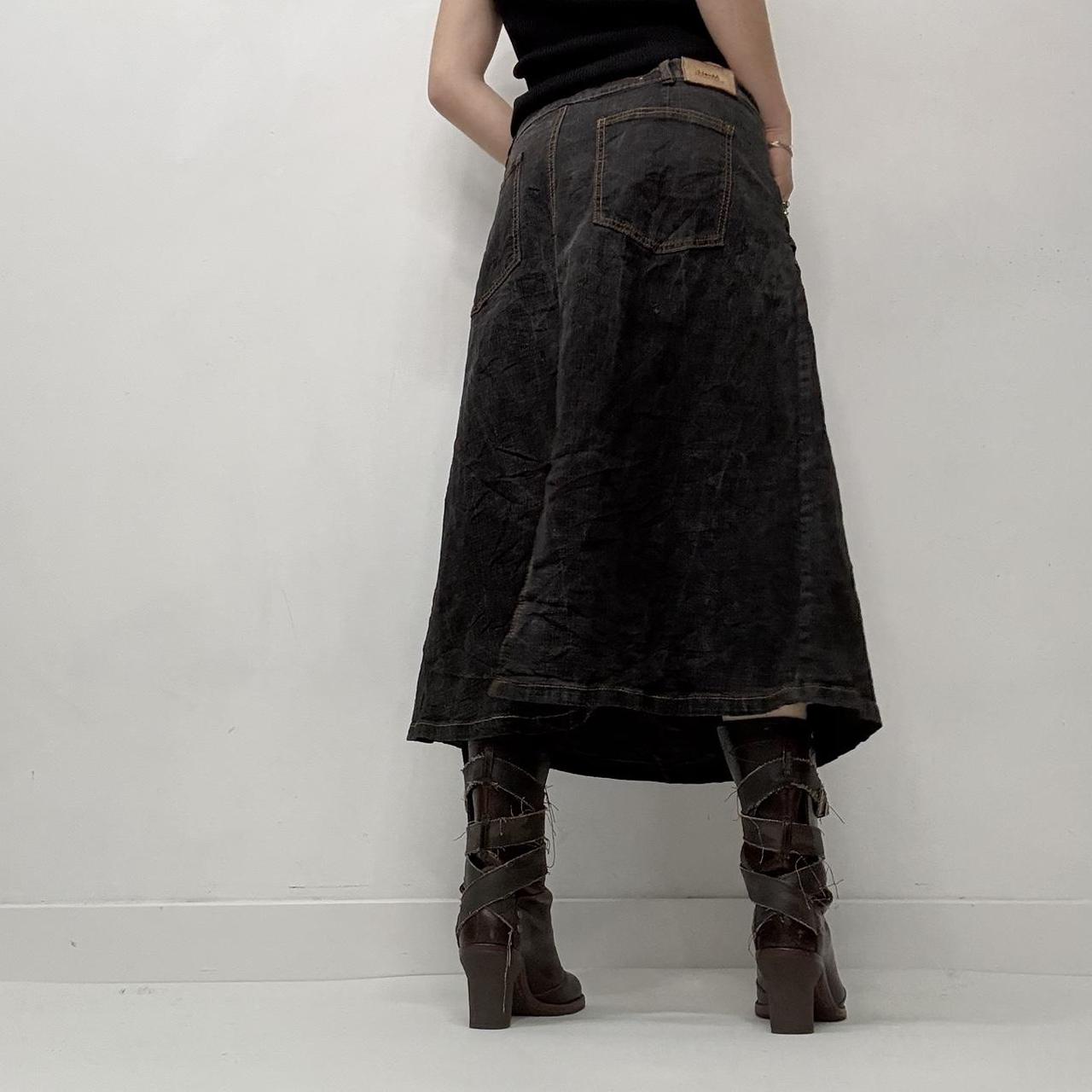 Distressed denim grunge midi skirt