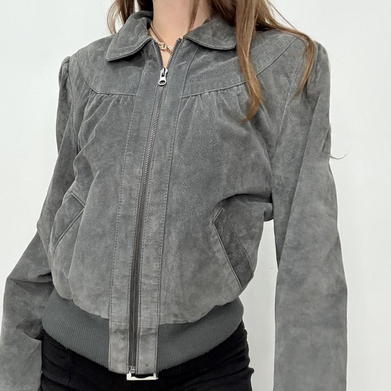 Grey suede cropped puff bomber jacket