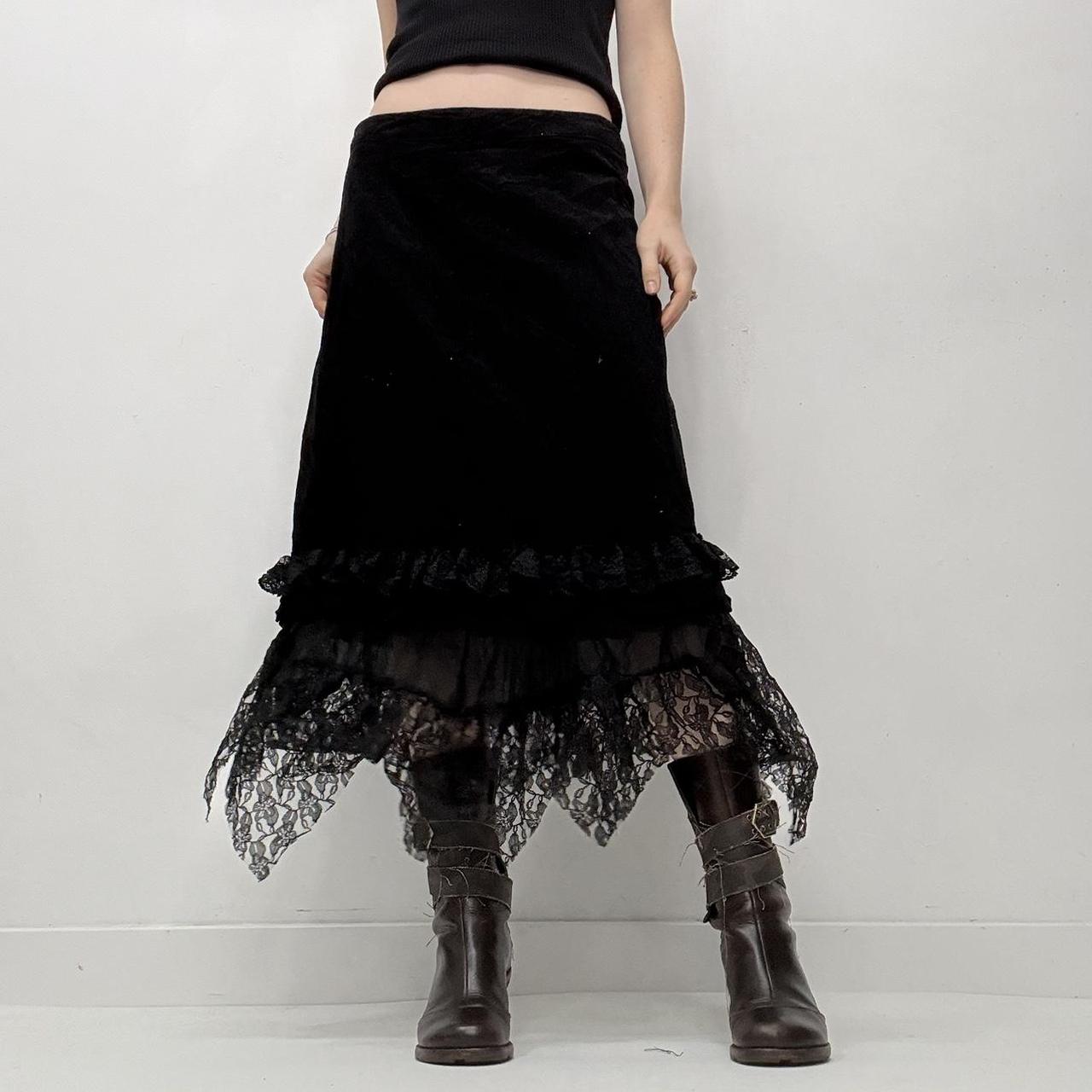 Black lace hem sheer gothic midi skirt