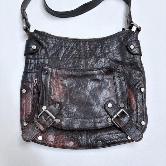 Distressed brown leather buckle studded bag