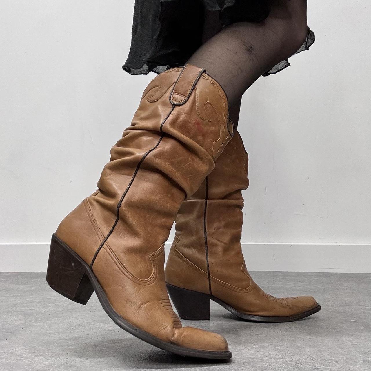 Tan leather slouchy cowboy boots