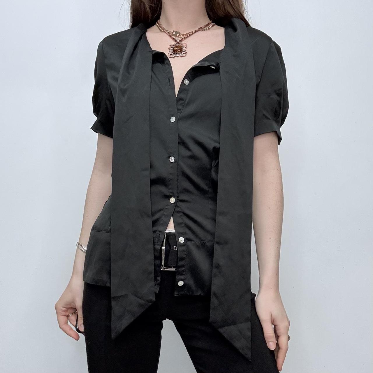 Black satin fitted bow shirt