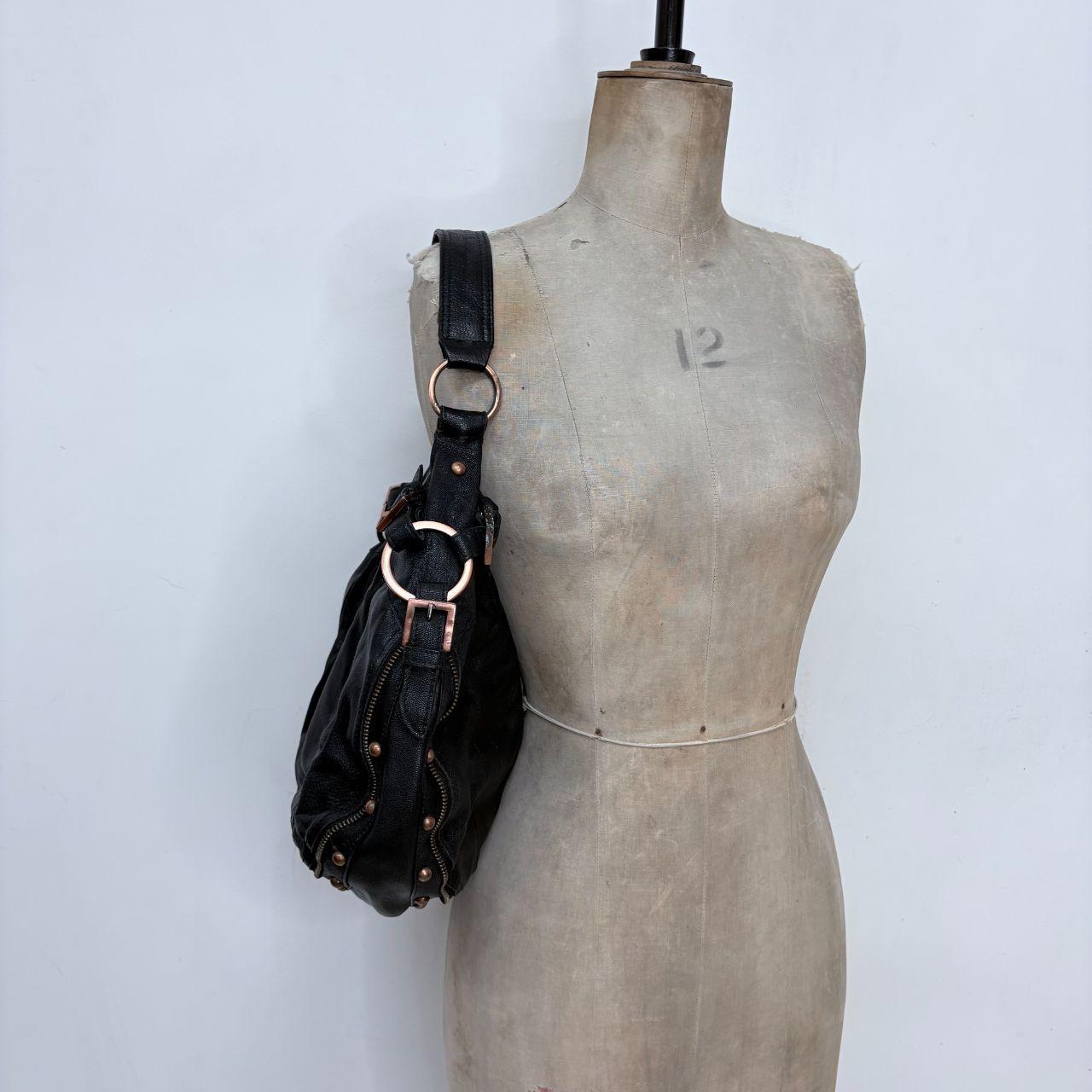 Black leather studded slouchy biker bag