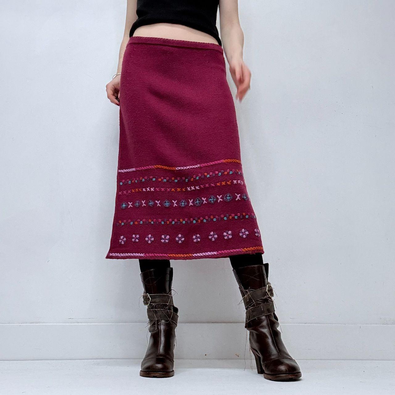 Pink hippie knitted embroidered midi skirt