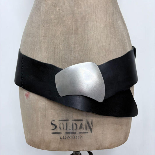 Chunky black leather silver belt
