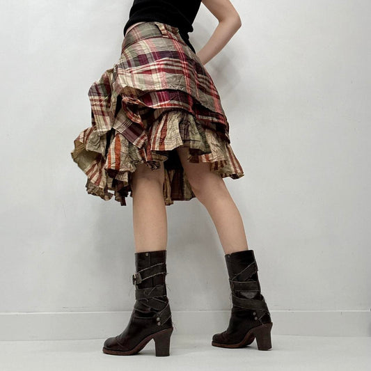 Checked tartan asymmetric ruffle layered skirt