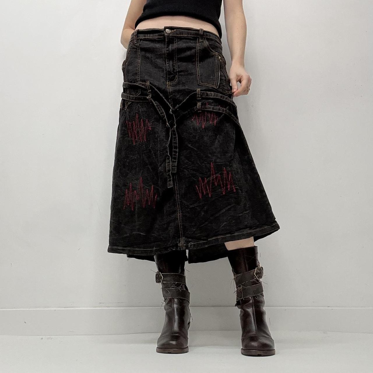 Distressed denim grunge midi skirt