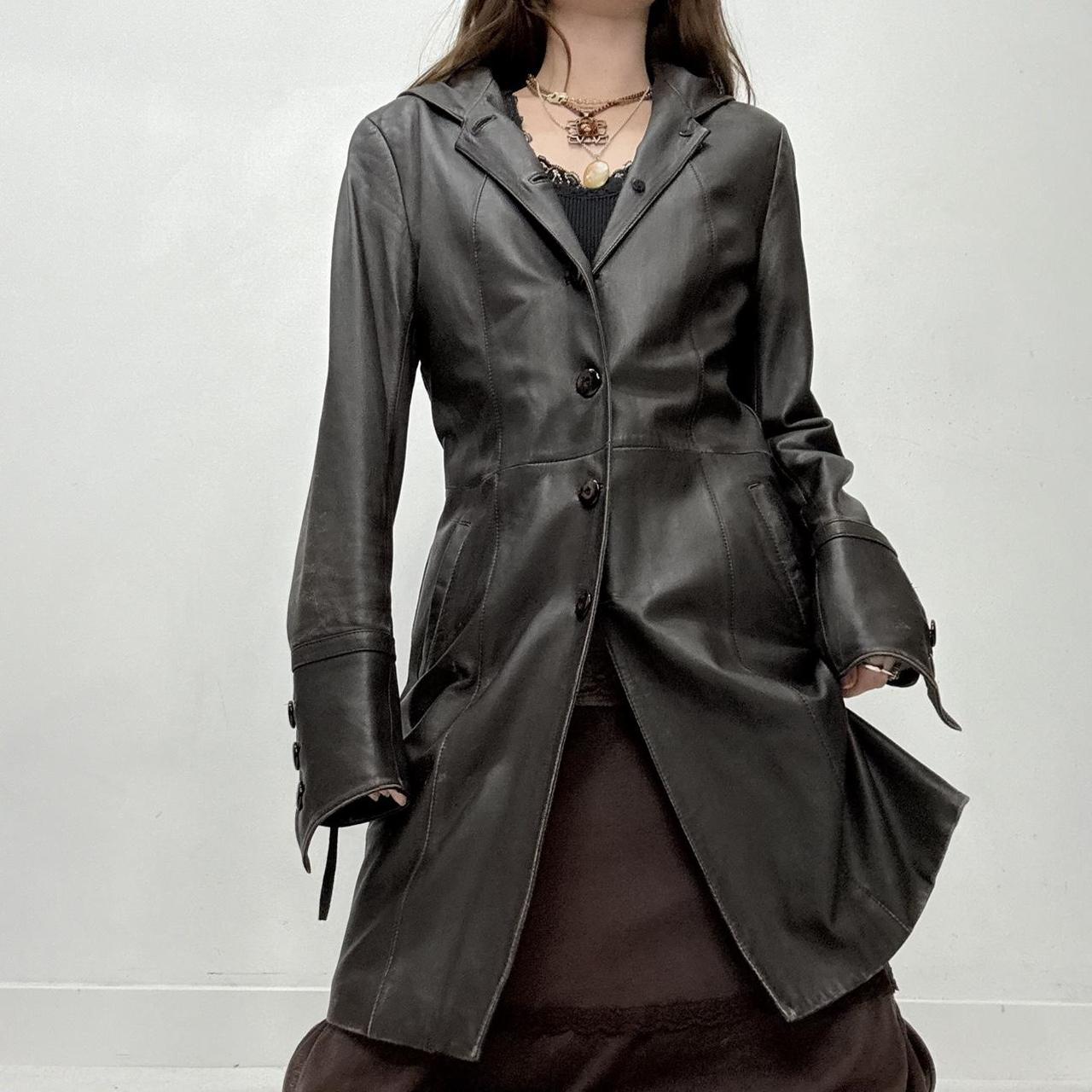 Brown leather slouchy trench coat