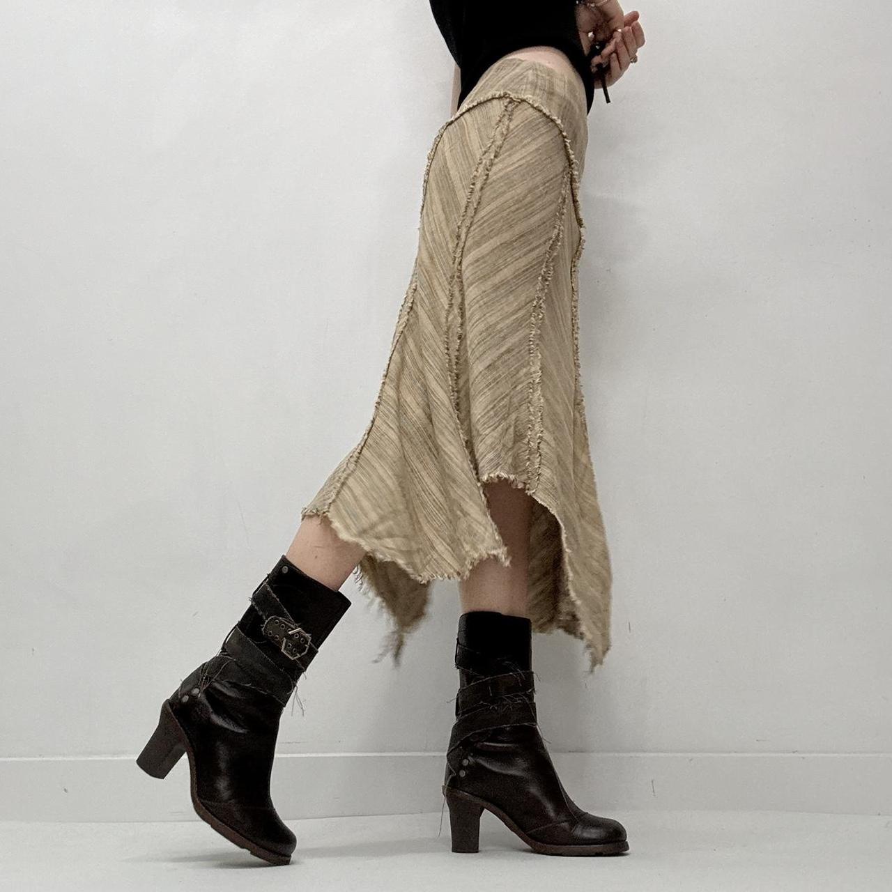 Distressed tan pinstriped midi skirt