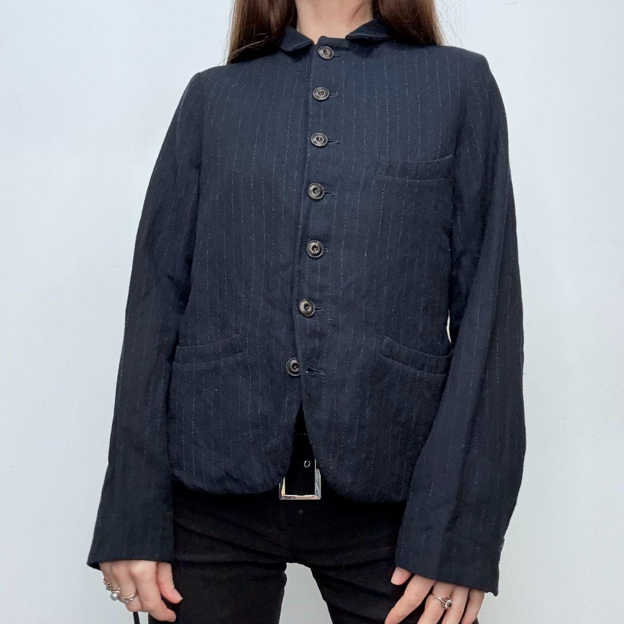 Navy pinstripe flared high neck jacket