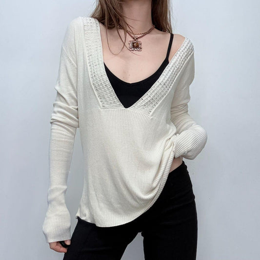 Cream knitted beaded neck slouchy jumper