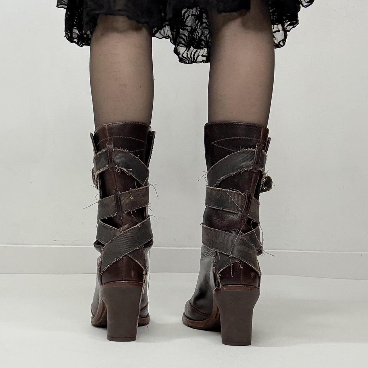 Brown leather distressed wrap grunge boots