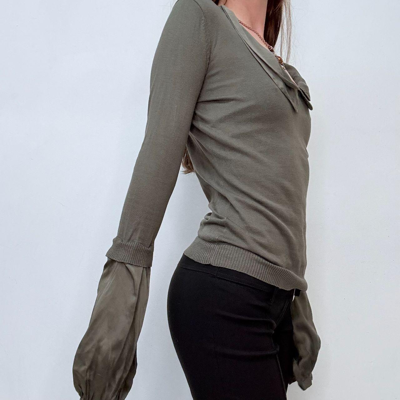 Khaki flared puff silk sleeve shirt