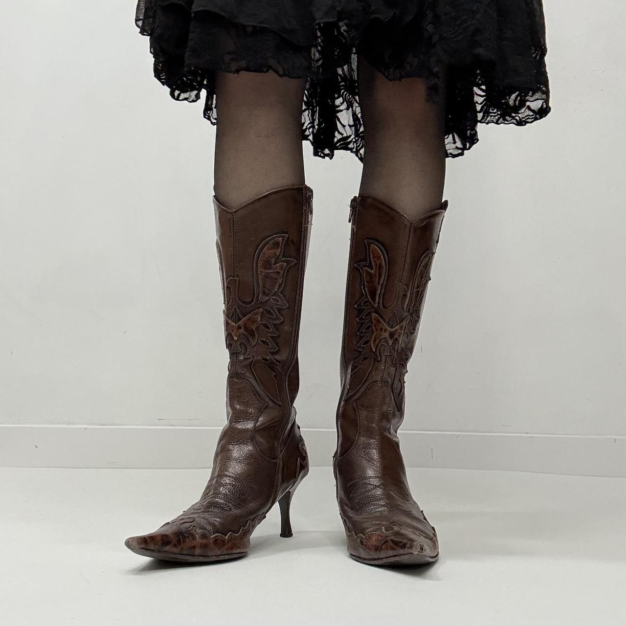 Brown leather pointed western boots