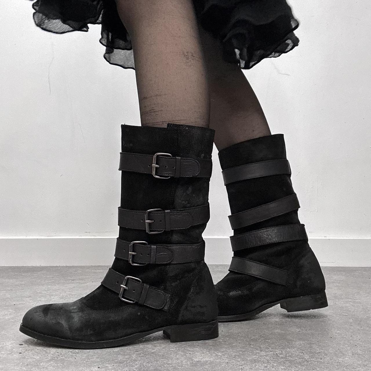 Black leather buckle biker boots