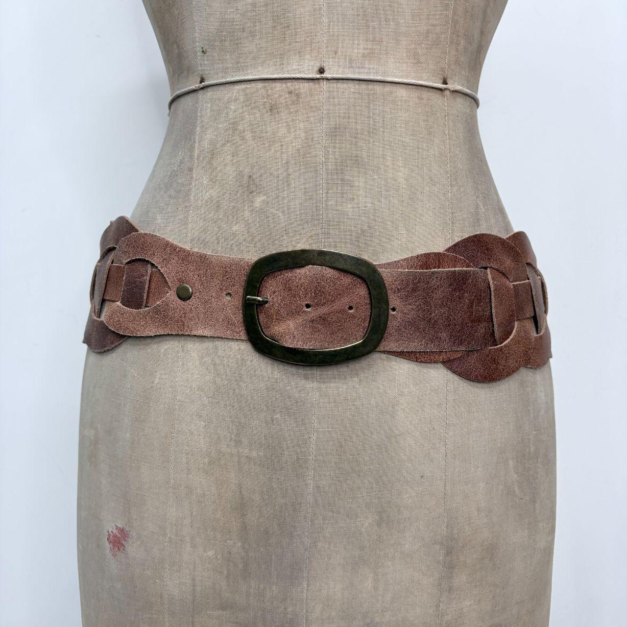 Brown leather chunky woven belt