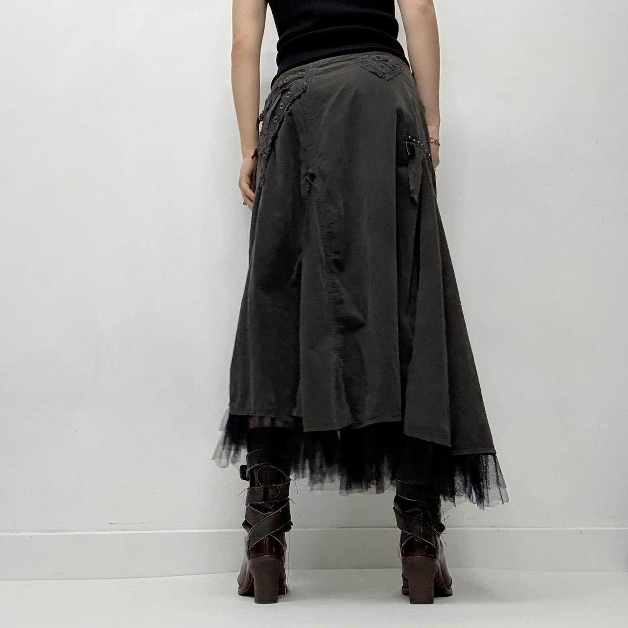 Khaki asyemmetric distressed grunge midi skirt