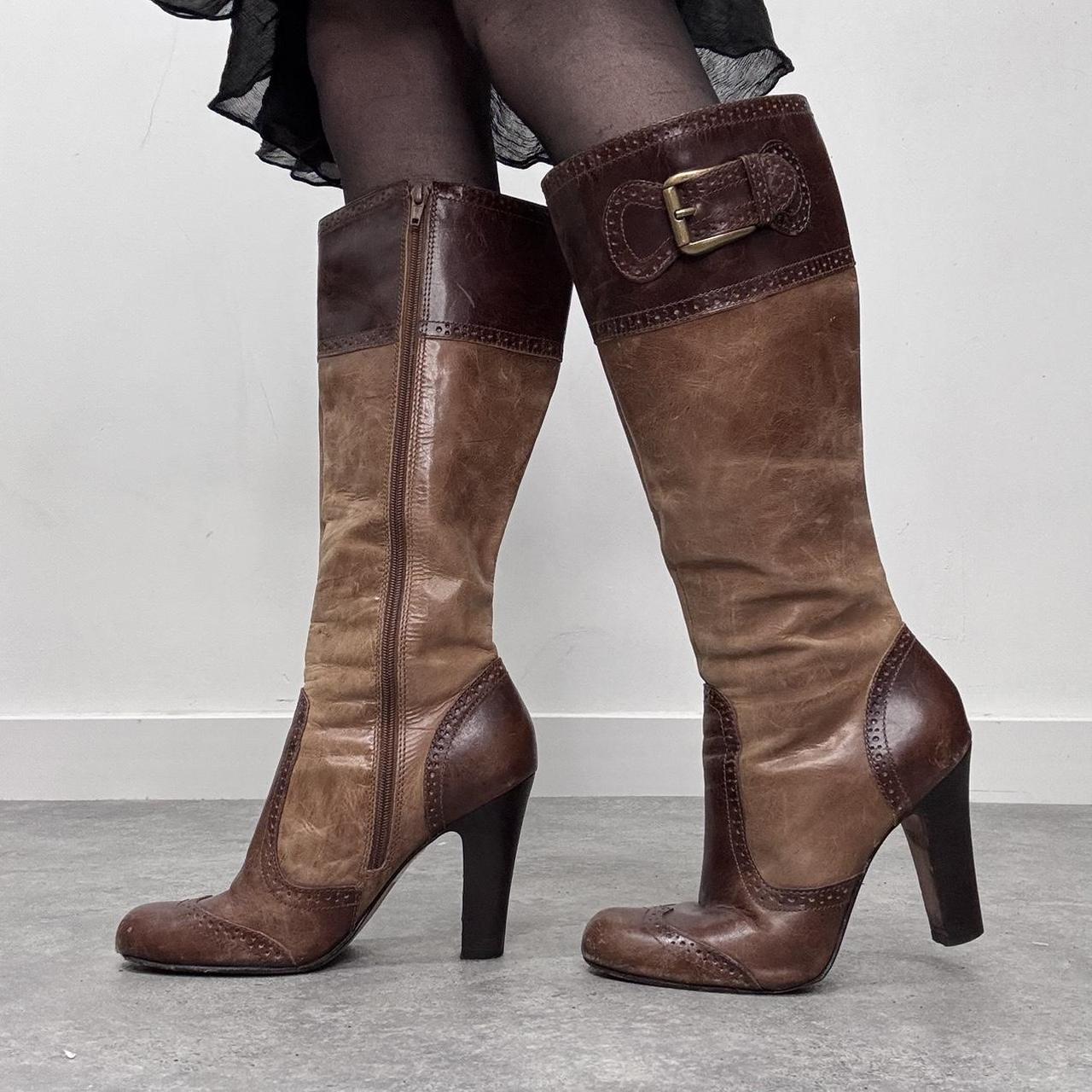 Brown leather brogue heel boots