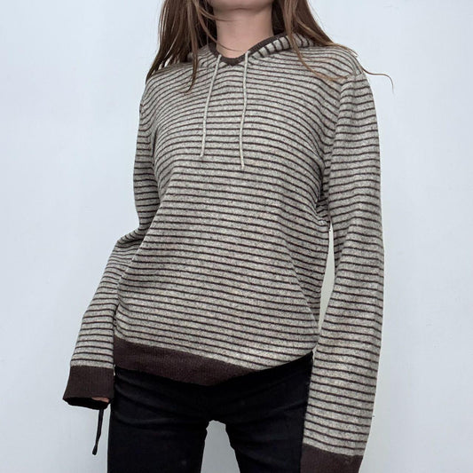 Grey wool pinstripe knitted hoodie jumper