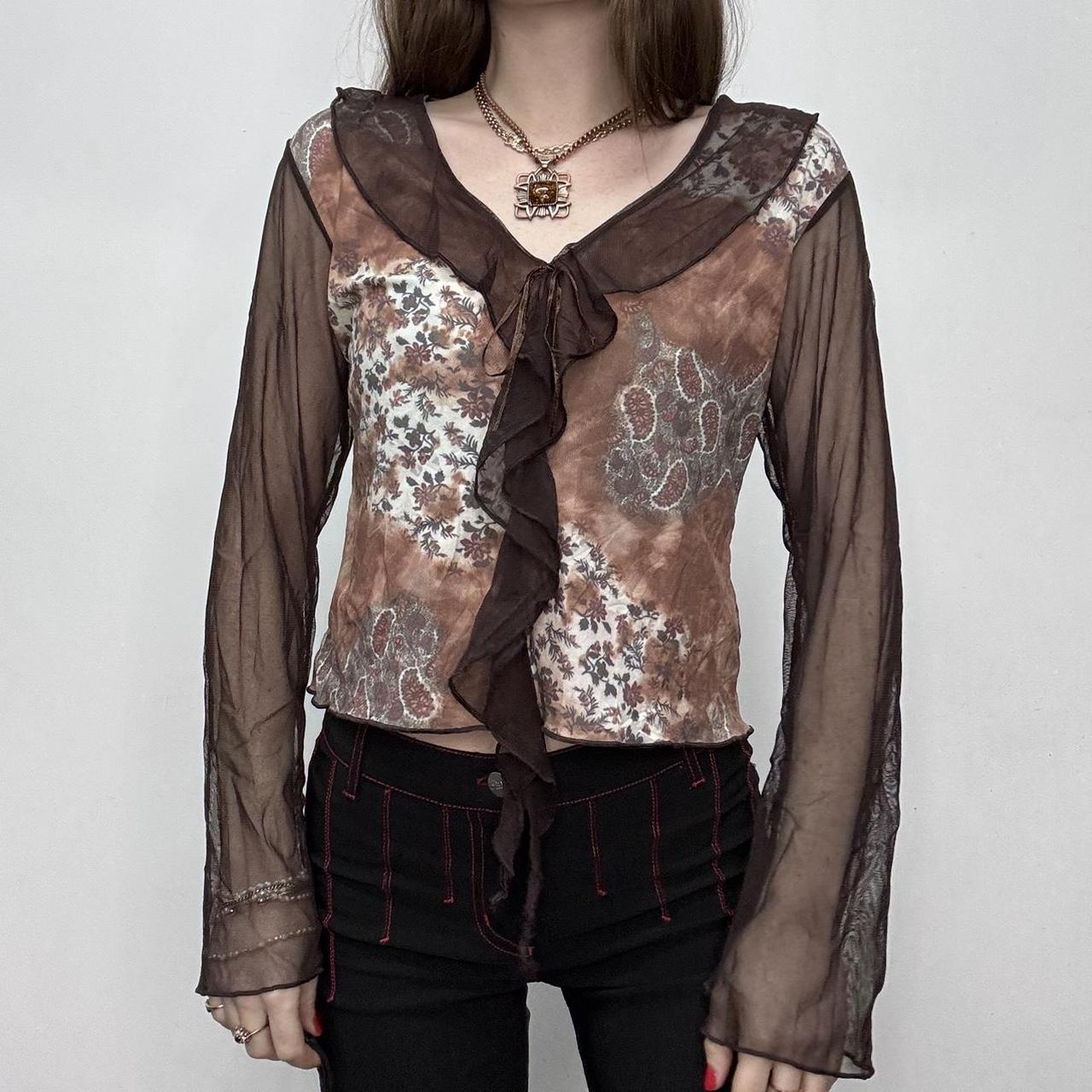 Brown flared floral ruffle shirt