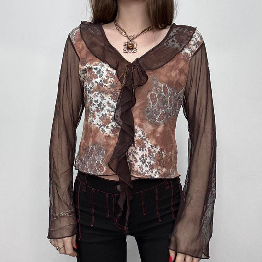 Brown flared floral ruffle shirt