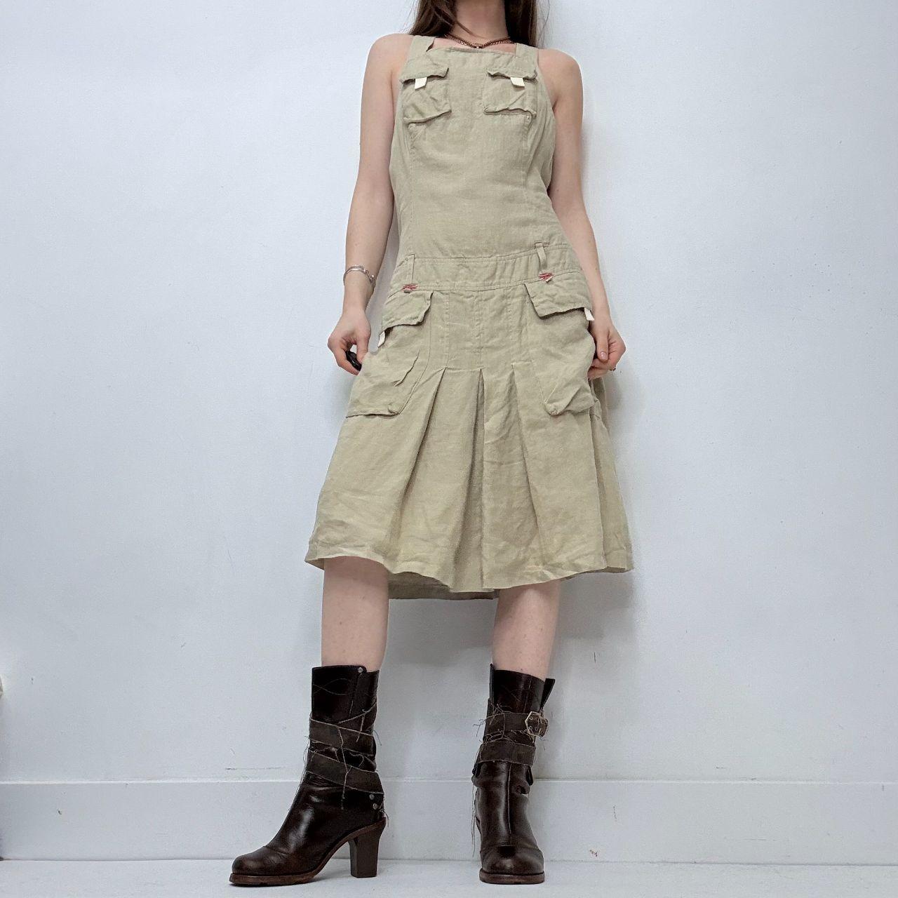 Tan linen pleated cargo dress
