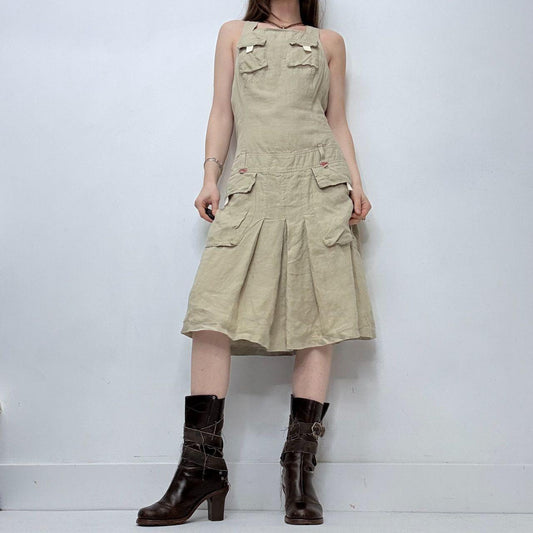 Tan linen pleated cargo dress