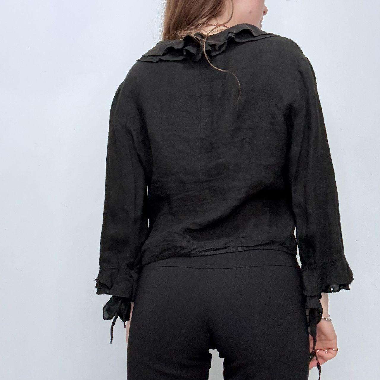 Black ruffle linen flared tie up ruffle shirt