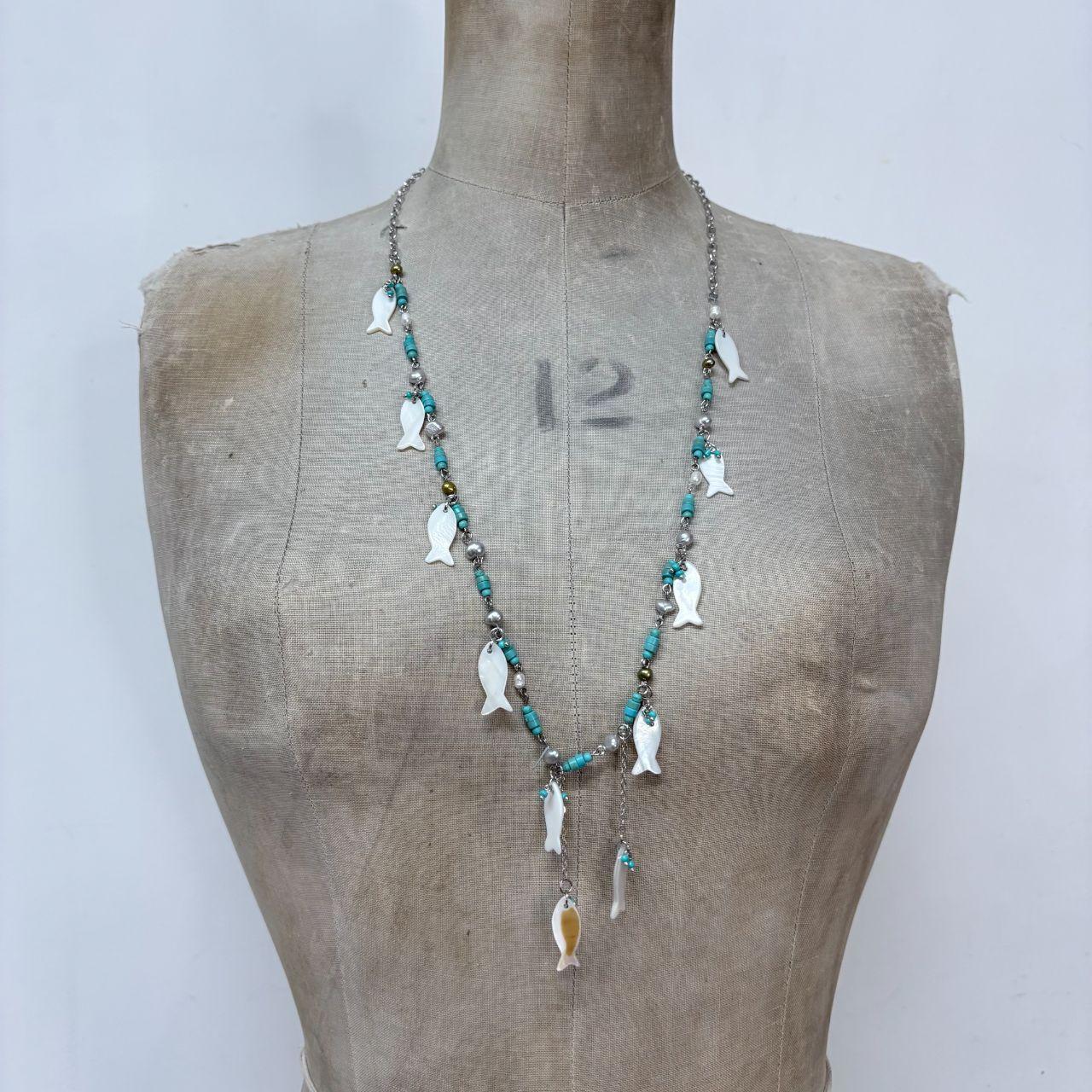Fish charm mother of pearl beaded chain necklace