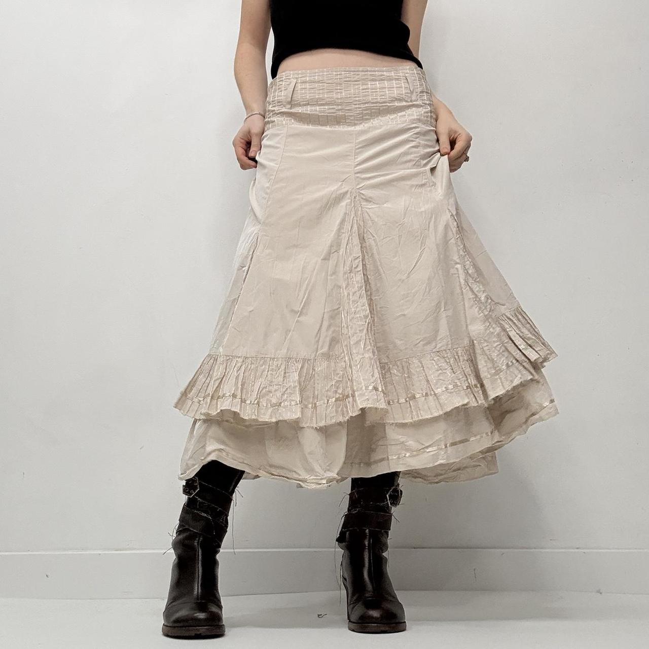 Tan pinstripe flared ruffle midi skirt
